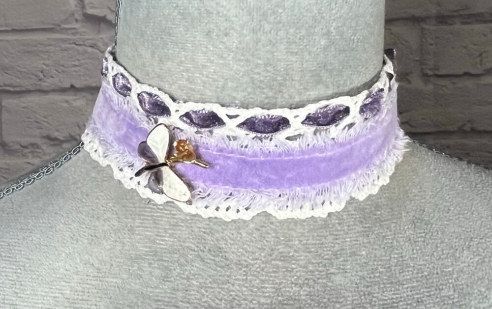 Handmade Cottagecore Crochet Lace & Velvet Choker with Upcycled Butterfly Brooch